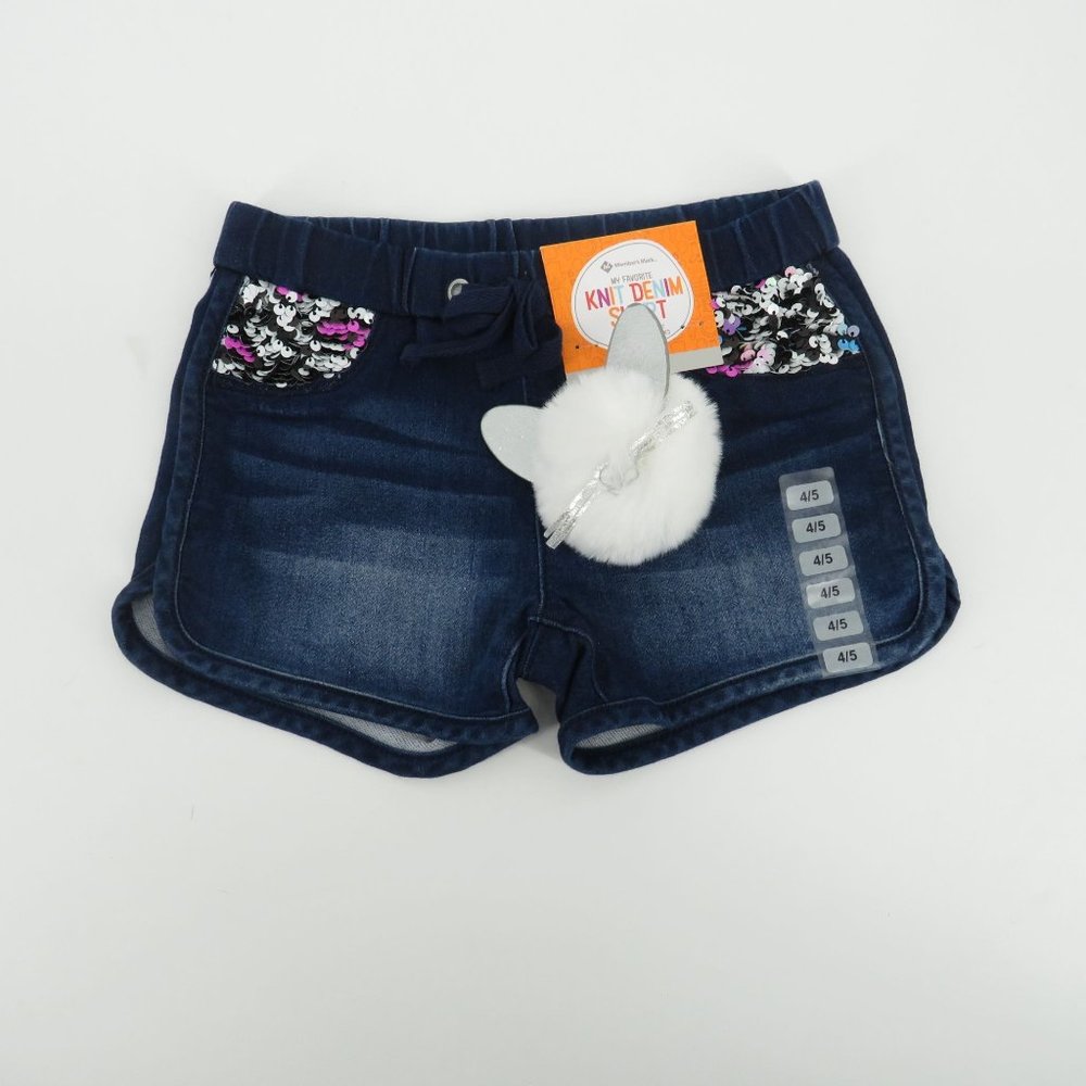 Members Mark Girls Denim Shorts Sequined Pockets Bunny Keychain Elastic Waist Si
